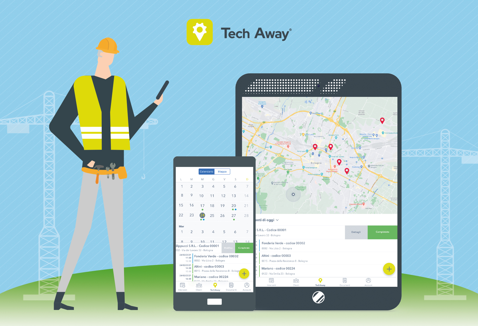 Assistenza Tecnica e invio rapportini da Smartphone e Tablet. Facilita il lavoro degli operatori tecnici e automatizza i processi aziendali legati alle manutenzioni. Chiedici una DEMO gratuita dell'App Tech Away.